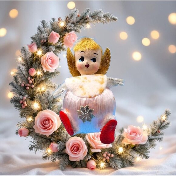 Vintage 1960s Satin Ball Angel Ornament Foil Wings Spun Cotton Composite Face v4 - Picture 1 of 8